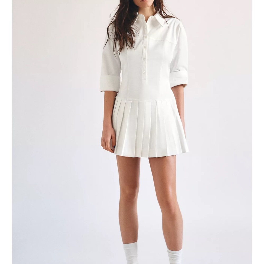 Zara White Cuffed Sleeve A-Line Dress